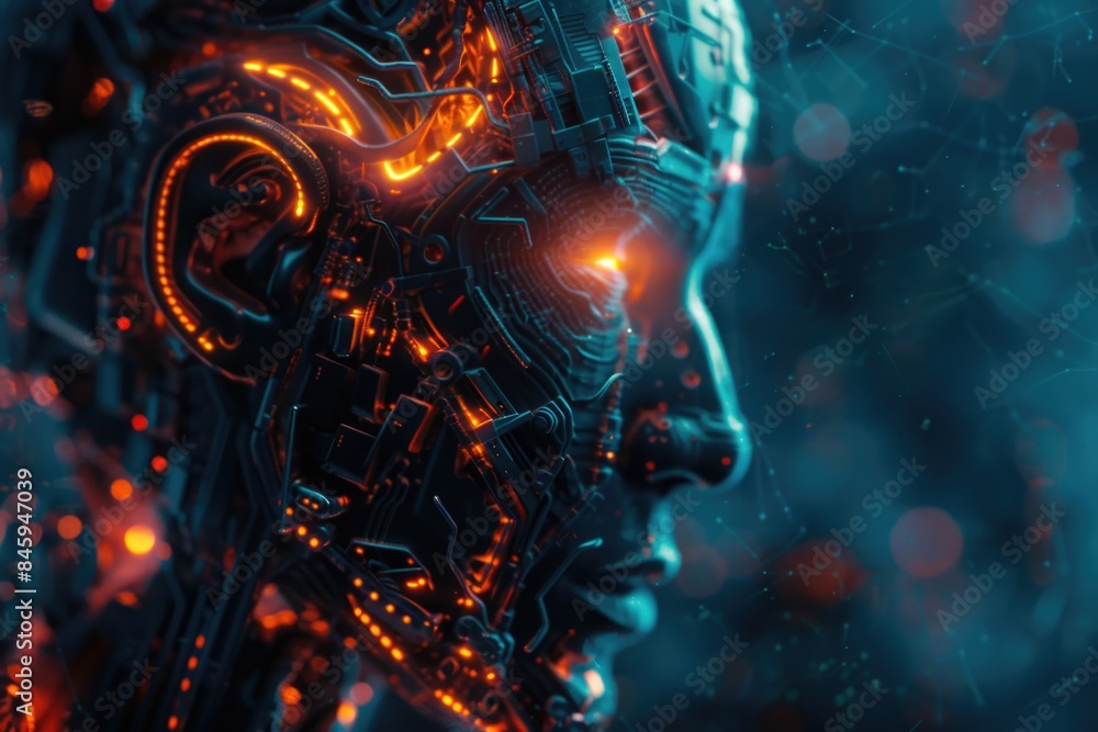 Poster Close-up shot of a robot's face with illuminated features, suitable for sci-fi and futuristic themed projects