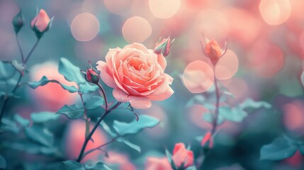 A vibrant rose blossom stands out against a backdrop of softly blurred pink roses in the enchanting garden of blossoms Nature s beauty at its finest