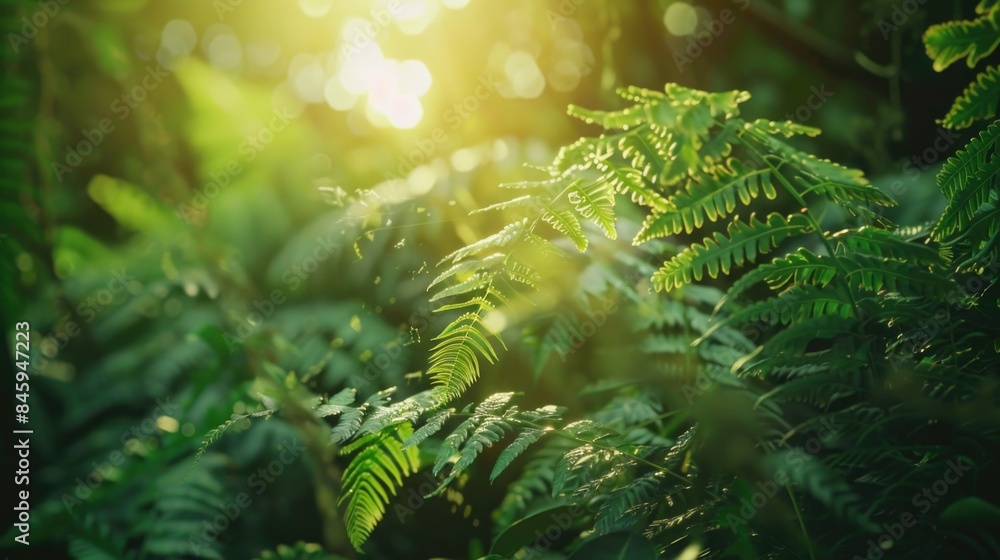 Poster a serene scene with sunlight shining through tree leaves, suitable for use in environmental or natur