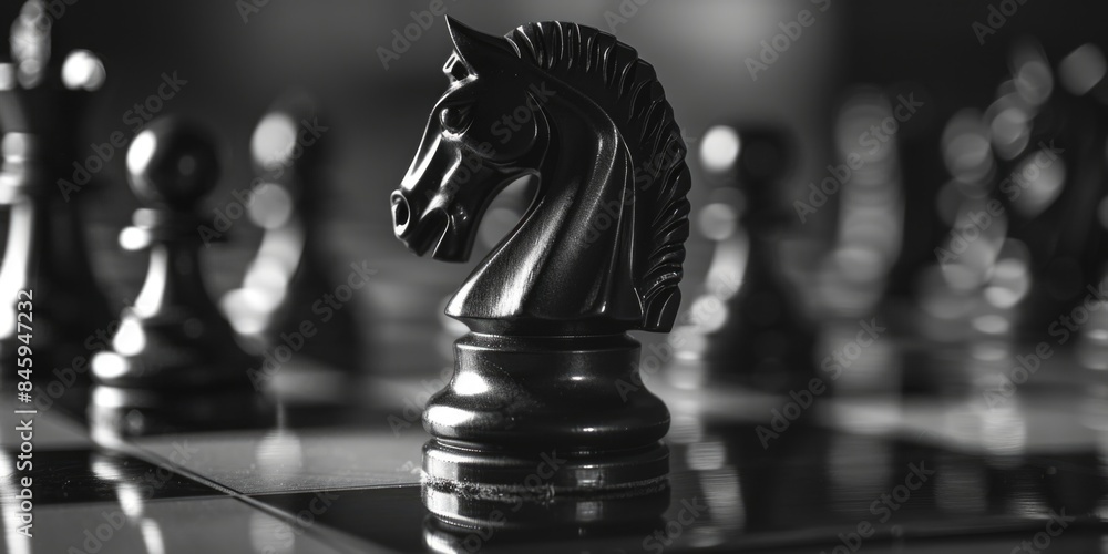 Poster a classic chess game setup on a black and white board