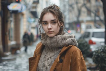Fototapeta premium A person standing on a city sidewalk with urban background