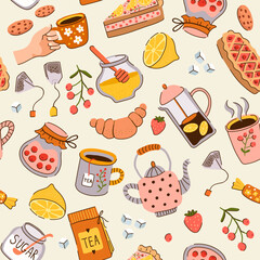 Tea pattern lemon sugar cakes tasty products for tea time vector seamless background