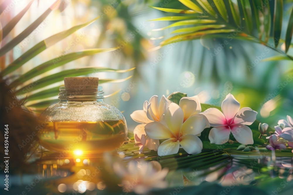 Poster A clear glass bottle filled with oil sits on a flat surface, providing a simple and practical scene
