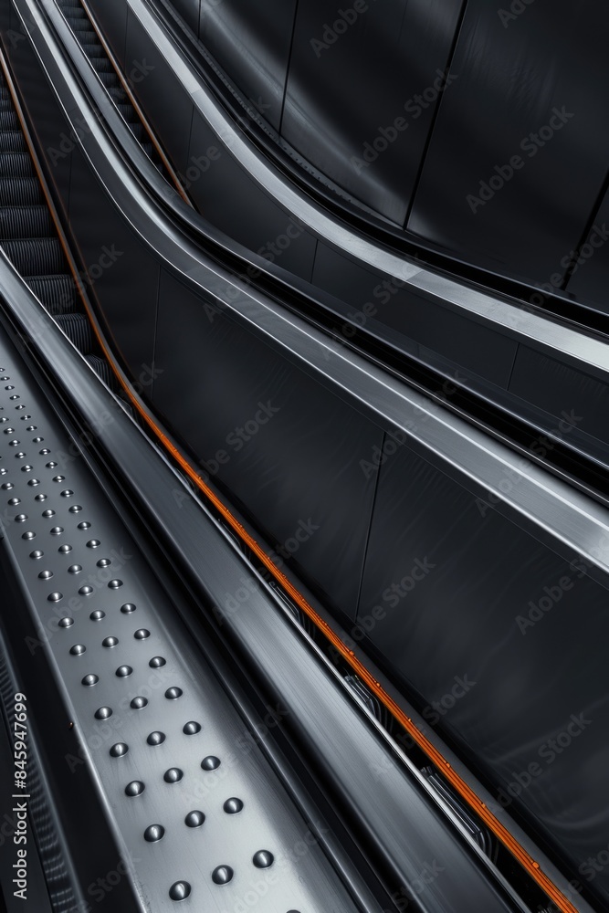 Poster a modern escalator with a prominent orange line leading downwards, suitable for use in transportatio
