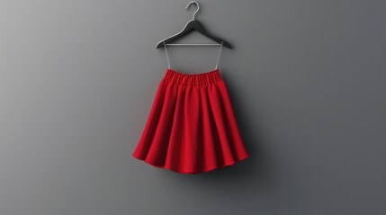 A bright red skirt hangs from a hanger against a gray wall, ready for use