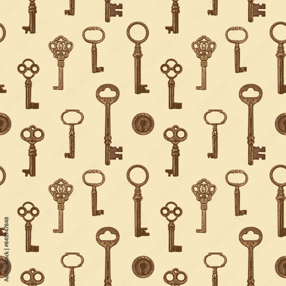 Poster seamless pattern with old wintage golden keys on white background. vector repeating background in vi