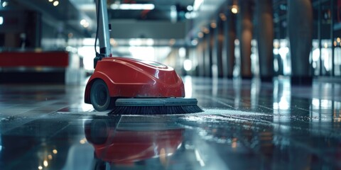 A red vacuum cleaner is placed on the floor of a building