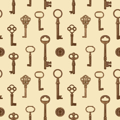 Seamless pattern with old wintage golden keys on white background. Vector repeating background in vintage style. Suitable for wallpaper, wrapping paper or fabric design