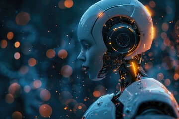 A close-up view of a robot's head with bright lights shining from behind, suitable for futuristic or sci-fi themed illustrations