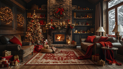 A festive Christmas living room with a decorated tree, presents, and a cozy fireplace