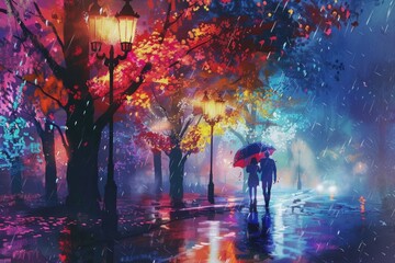 Obraz premium Couple braving the rain on a rainy day, using umbrellas to stay dry