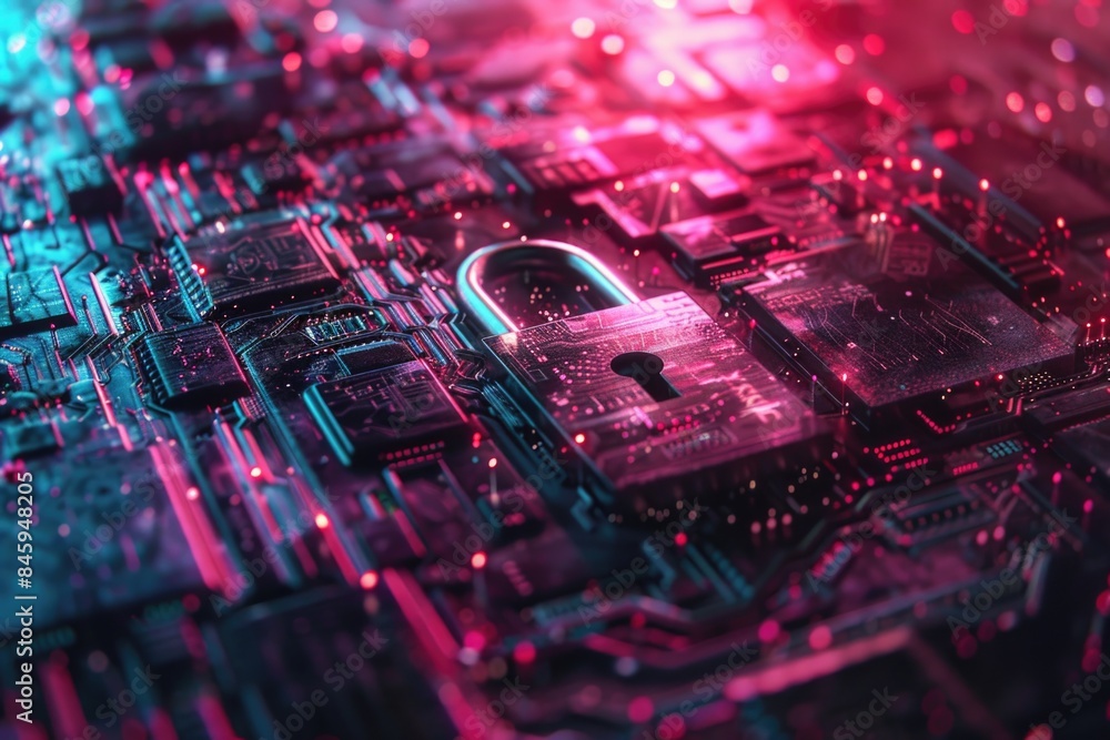Poster Close-up view of a computer circuit board with a lock mechanism in place, suitable for tech-related or cybersecurity concept images