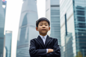 Young Asian boy in suit posing confidently in cityscape. Generative AI image