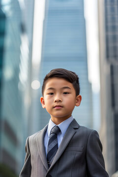 Young Asian business kid dressed in formal suit. Generative AI image