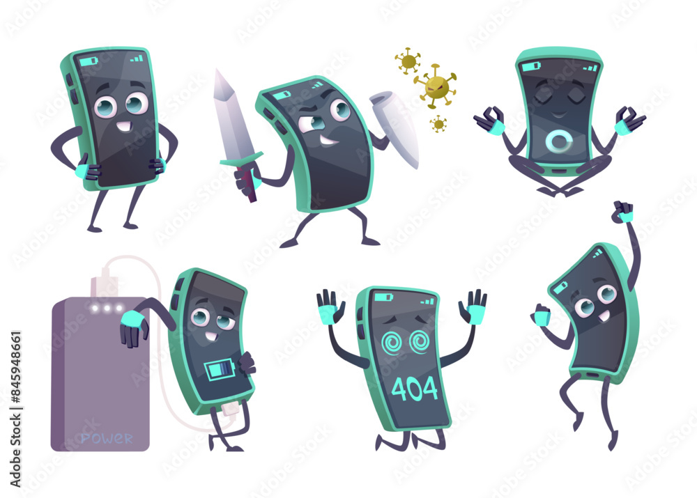 Poster Smartphone character. Cute mascot cell phone gadget in action pose chatbot fight with viruses exact vector smartphone with different emotional faces