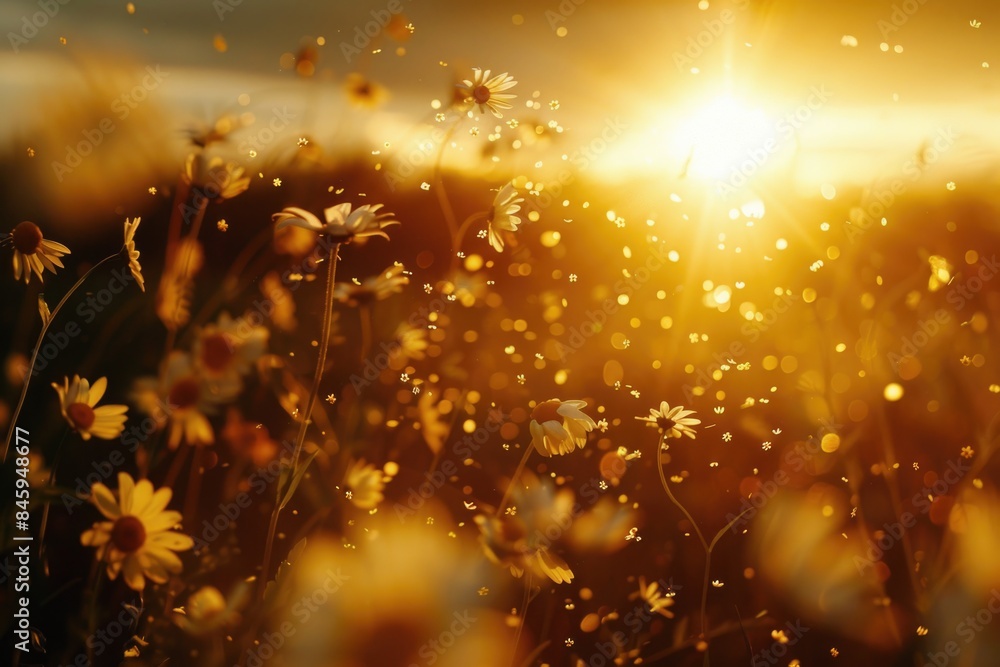 Aufkleber A scenic view of a field of flowers with the sun setting in the background