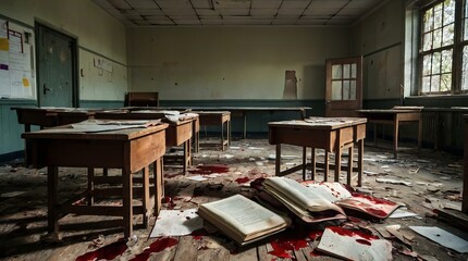 Classroom Interior, School Supplies, Students in Class, Teacher at Desk, School Building Exterior