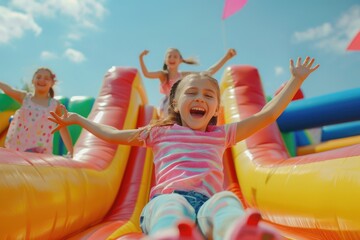 A young girl enjoying the fun on a water park inflatable slide