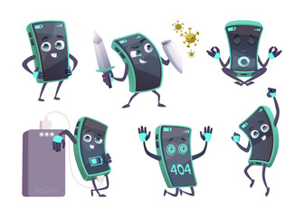 Smartphone character. Cute mascot cell phone gadget in action pose chatbot fight with viruses exact vector smartphone with different emotional faces