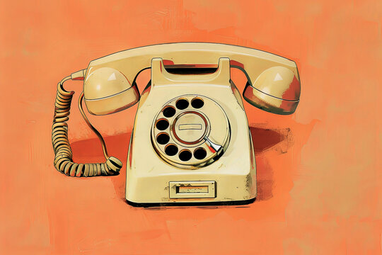 Retro cream rotary phone on a peach background. Generative AI image