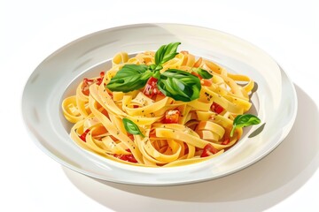 A plate of pasta with fresh basil leaves and juicy tomatoes