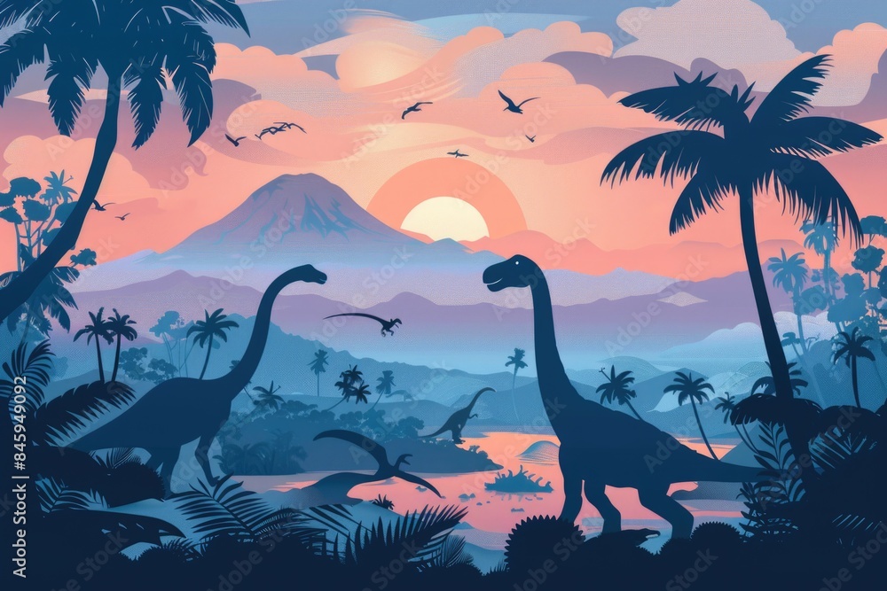 Poster a group of dinosaurs roaming through a dense jungle environment