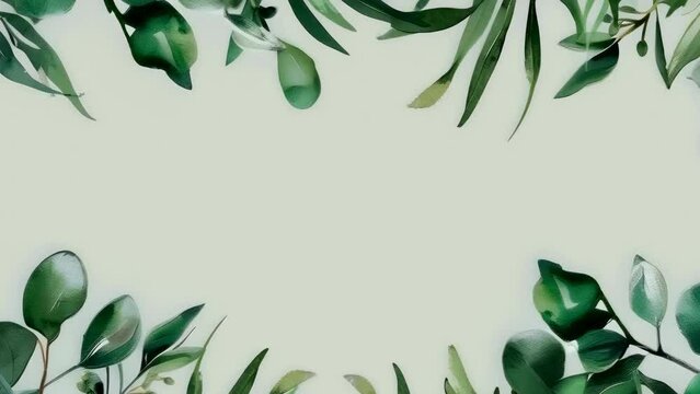 This image features a border of lush green leaves framing a blank white background. The foliage includes various shades of green