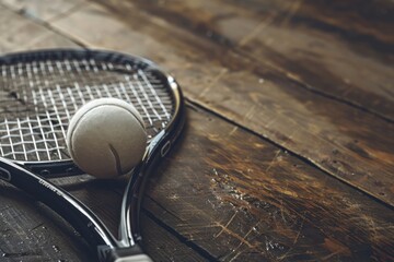 A tennis racket and ball on a wooden floor, ideal for sports-themed images or illustrations