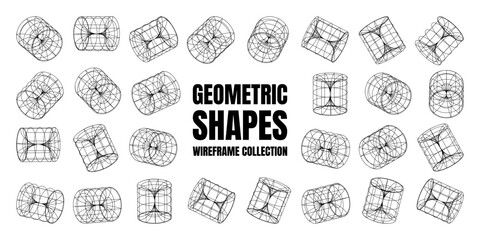 Wireframe lined shapes. Perspective mesh, 3d grid. Low poly geometric elements. Retro futuristic design elements, y2k, vaporwave and synthwave style. Vector illustration