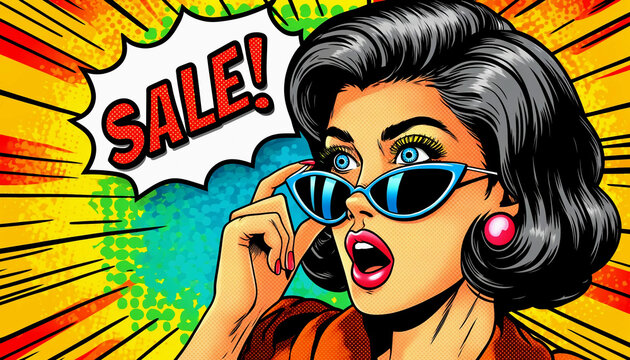 Retro comic book style illustration of a woman peering over her cat-eye sunglasses expressing astonishment over a sale