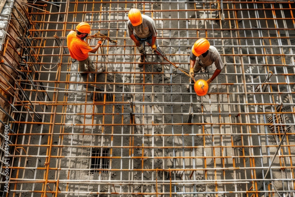 Poster Workers constructing a building with various equipment and tools