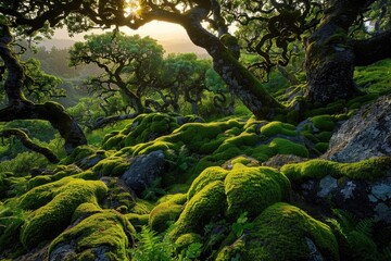 Obraz premium Mossy stones and trunks amidst lush foliage, ideal for nature-inspired designs or outdoor settings