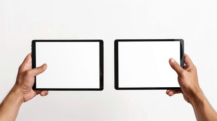 Two hands holding a modern tablet with a blank white screen