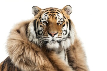 Fototapeta premium Stunning tiger poses elegantly in a faux fur coat, exuding glamour and sophistication against a clean, white background