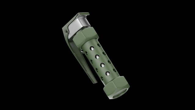 Military stun grenade spinning on a black background