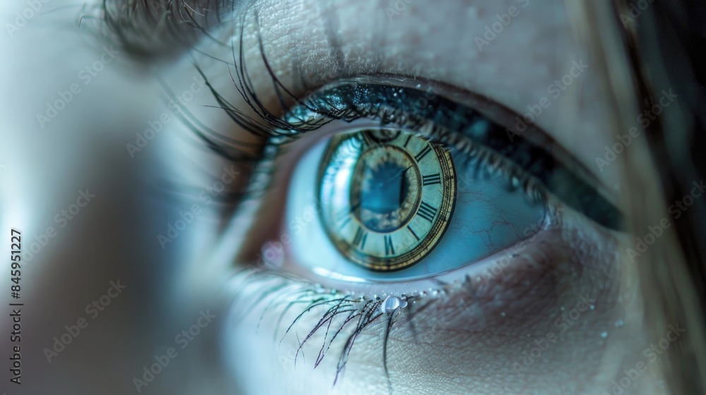 Poster A close-up view of a person's eye featuring a clock, perfect for time-related or personal use contexts