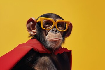 Monkey dressed as a daring superhero with a red cape and yellow mask, stands against a vibrant yellow background, exuding confidence and playfulness