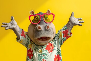 Cheerful cartoon hippo wearing heart shaped glasses and a floral shirt against a vibrant yellow background, spreading joy with open arms