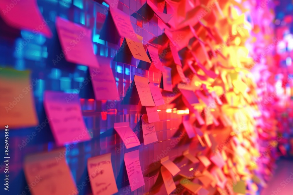 Poster a colorful and messy wall covered with many post-it notes, great for representing creativity, brains