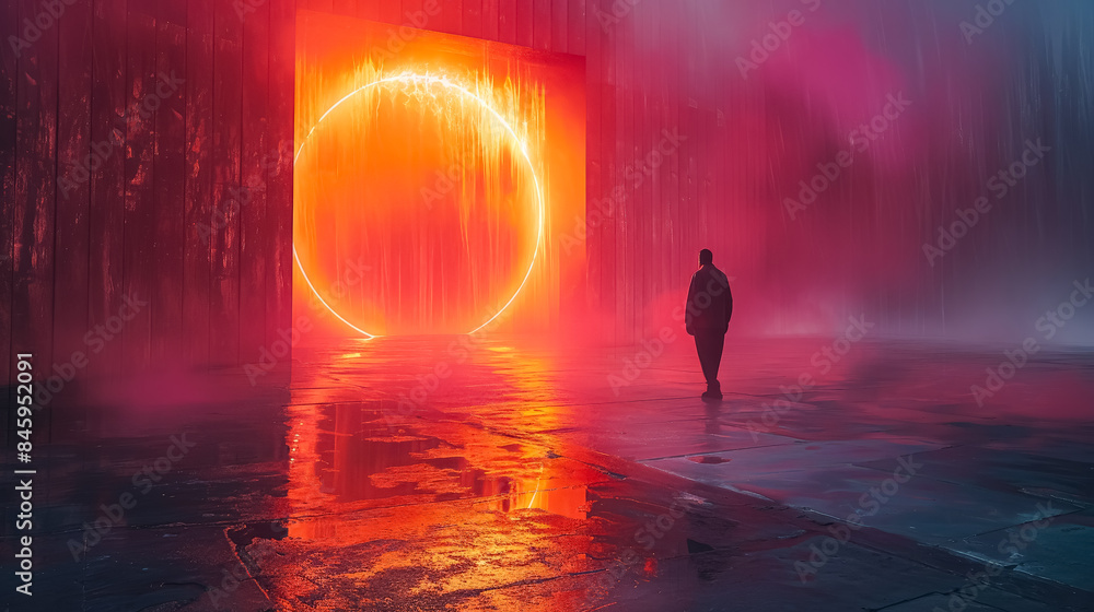 Poster a man is walking through a tunnel with a large orange circle in the middle