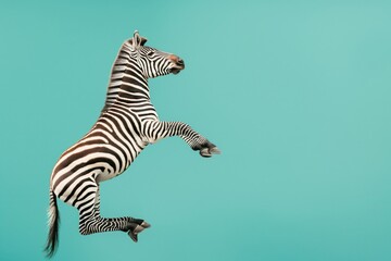 Striking image of a zebra costumed as a superhero, captured midjump against a vibrant teal backdrop, exuding power and whimsy