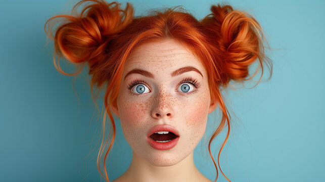 Portrait of shocked beautiful redhead woman posing on blue background showing surprised face expression