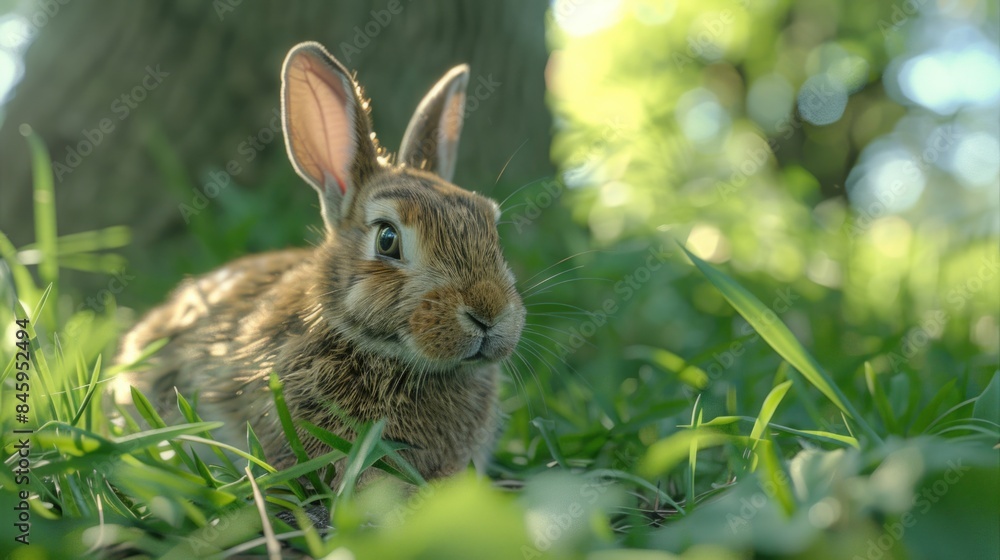 Poster a rabbit sits in the grass near a tree