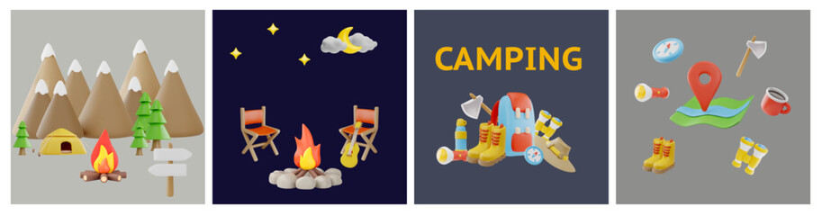 Outdoor camping adventure 3D icon vector set