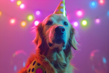 Closeup of a happy golden retriever dog wearing a colorful party hat and polka dot pants against a vibrant celebratory background
