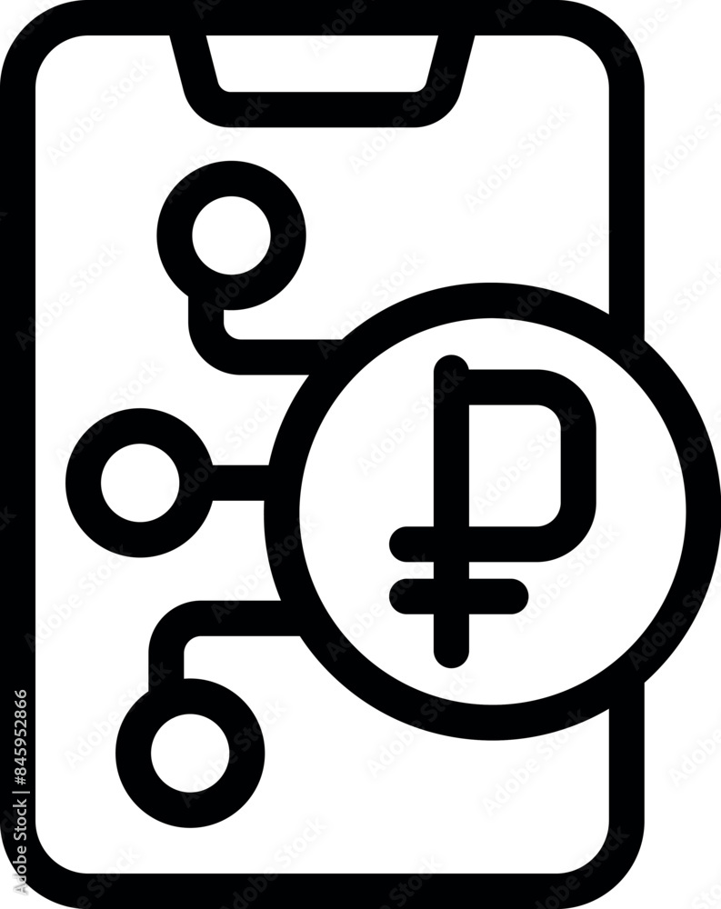 Aufkleber line icon of a smartphone showing ruble symbol connected to digital network representing online bank