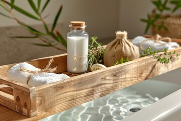 A bath tub with a wooden tray filled with towels, perfect for bathroom storage and organization