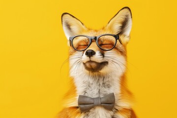 Fototapeta premium Hipster fox grooving with closed eyes, sporting glasses and a bowtie against a vibrant yellow backdrop, exuding charm and cool vibes