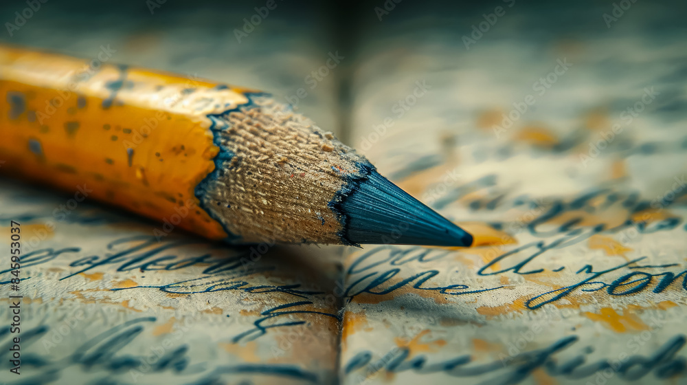 Aufkleber a pencil is on top of a piece of paper with writing on it. the pencil is sharpened and has a blue ti