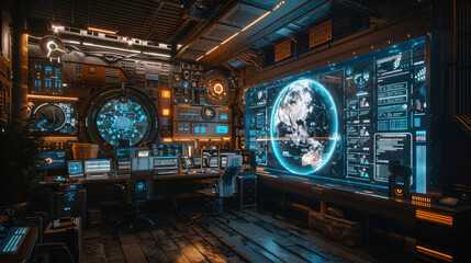 A futuristic office with holographic screens, advanced gadgets, and a team of professionals working on innovative projects